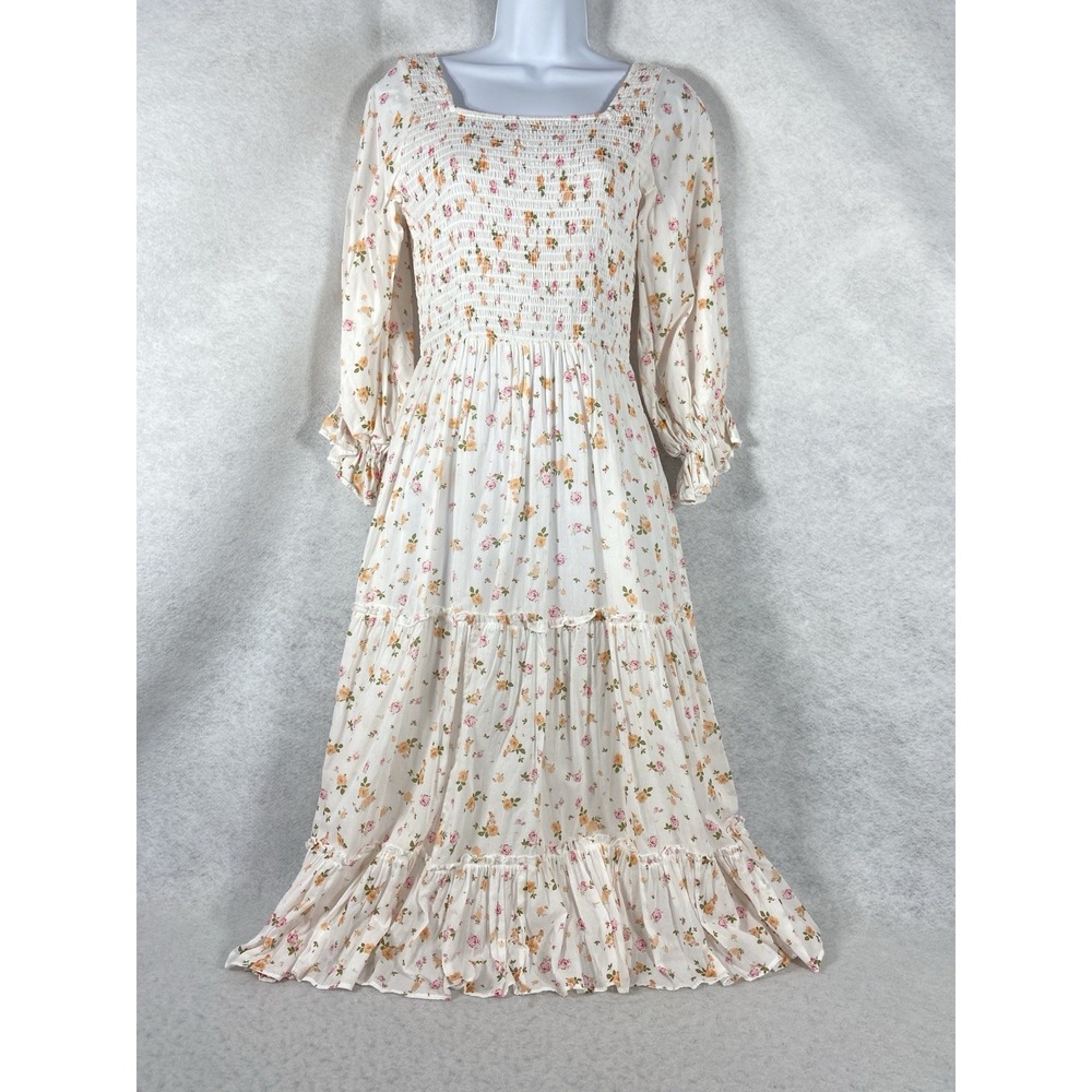 Jessakae Dress Women's Small White Orange Tiered Long Sleeves Smocked Floral